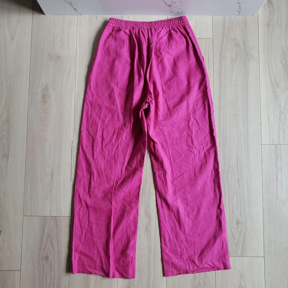 Zara Dress Pants Womens M Pink Linen Cotton Wide Leg Elastic Drawstring Waist